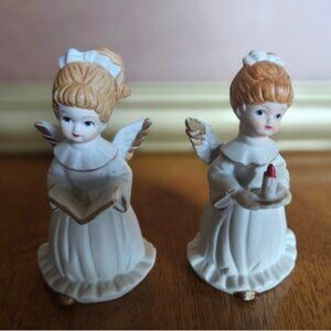 Set Of 2 Vintage UCGC Bisque Porcelain Angel Figurines Holding a Candle & Hymnal